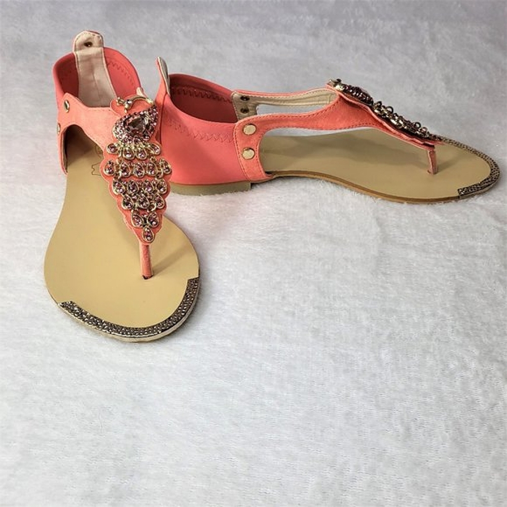 Coral Pink Summer Sandals Rhinestone Peacock Bird Thong Strap